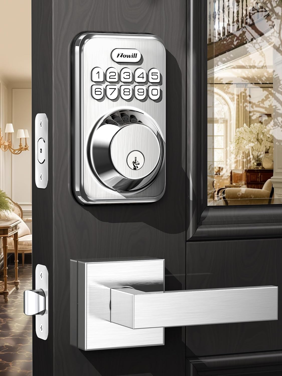 Zowill DK01-L Keyless Entry Door Lock with 2 Lever Handles, Zowill Electronic Keypad Deadbolt, Auto-Locking, Anti-Peeping Password, Digital Code Door Lock, Front Door Handle Sets