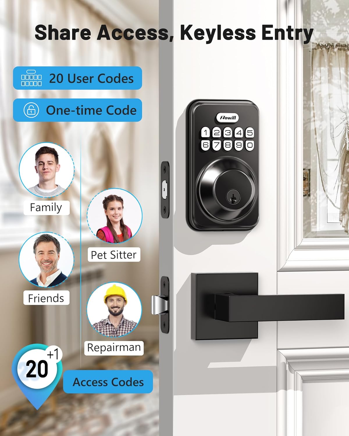 Zowill DK01-L Keyless Entry Door Lock with 2 Lever Handles, Zowill Electronic Keypad Deadbolt, Auto-Locking, Anti-Peeping Password, Digital Code Door Lock, Front Door Handle Sets