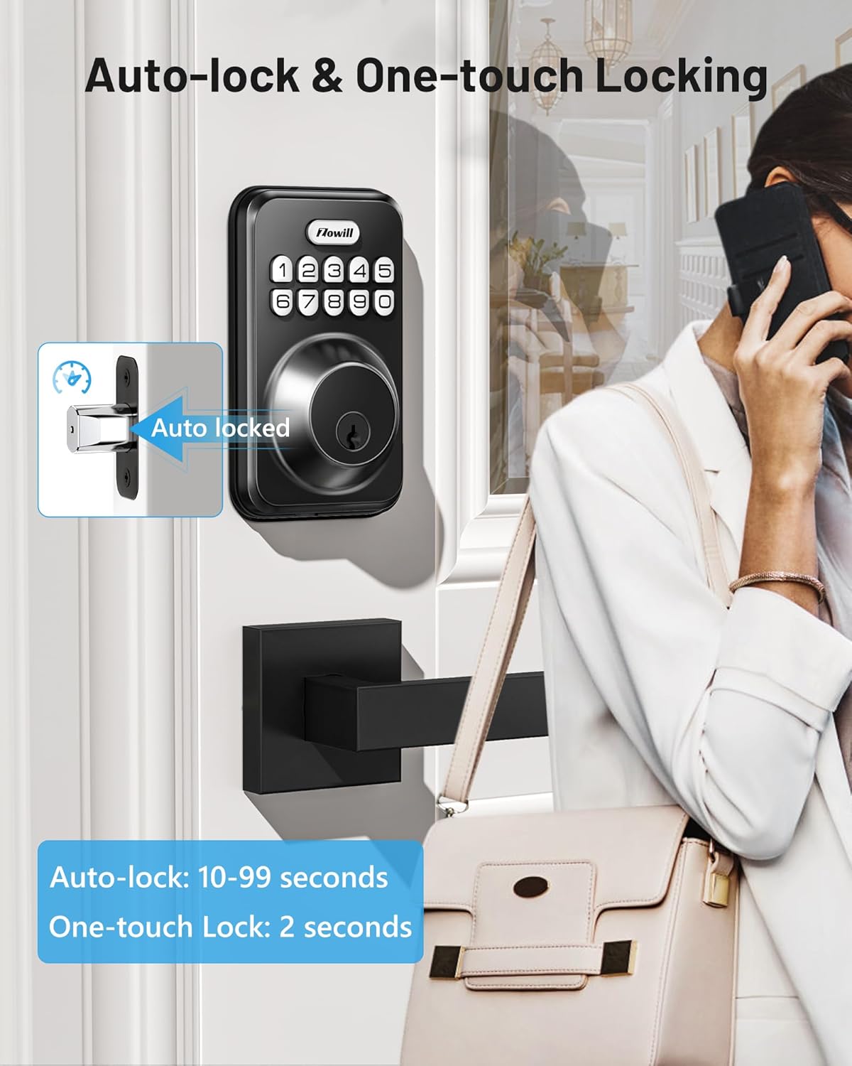 Zowill DK01-L Keyless Entry Door Lock with 2 Lever Handles, Zowill Electronic Keypad Deadbolt, Auto-Locking, Anti-Peeping Password, Digital Code Door Lock, Front Door Handle Sets