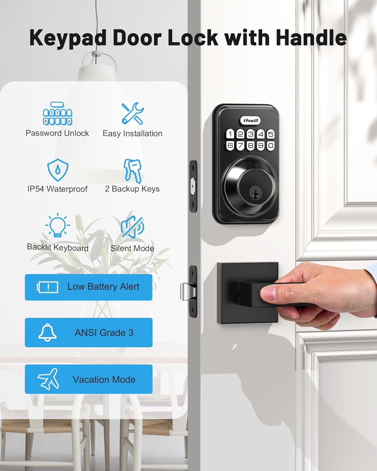 Zowill DK01-L Keyless Entry Door Lock with 2 Lever Handles, Zowill Electronic Keypad Deadbolt, Auto-Locking, Anti-Peeping Password, Digital Code Door Lock, Front Door Handle Sets