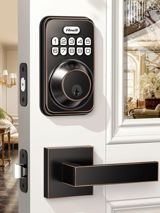 Zowill DK01-L Keyless Entry Door Lock with 2 Lever Handles, Zowill Electronic Keypad Deadbolt, Auto-Locking, Anti-Peeping Password, Digital Code Door Lock, Front Door Handle Sets