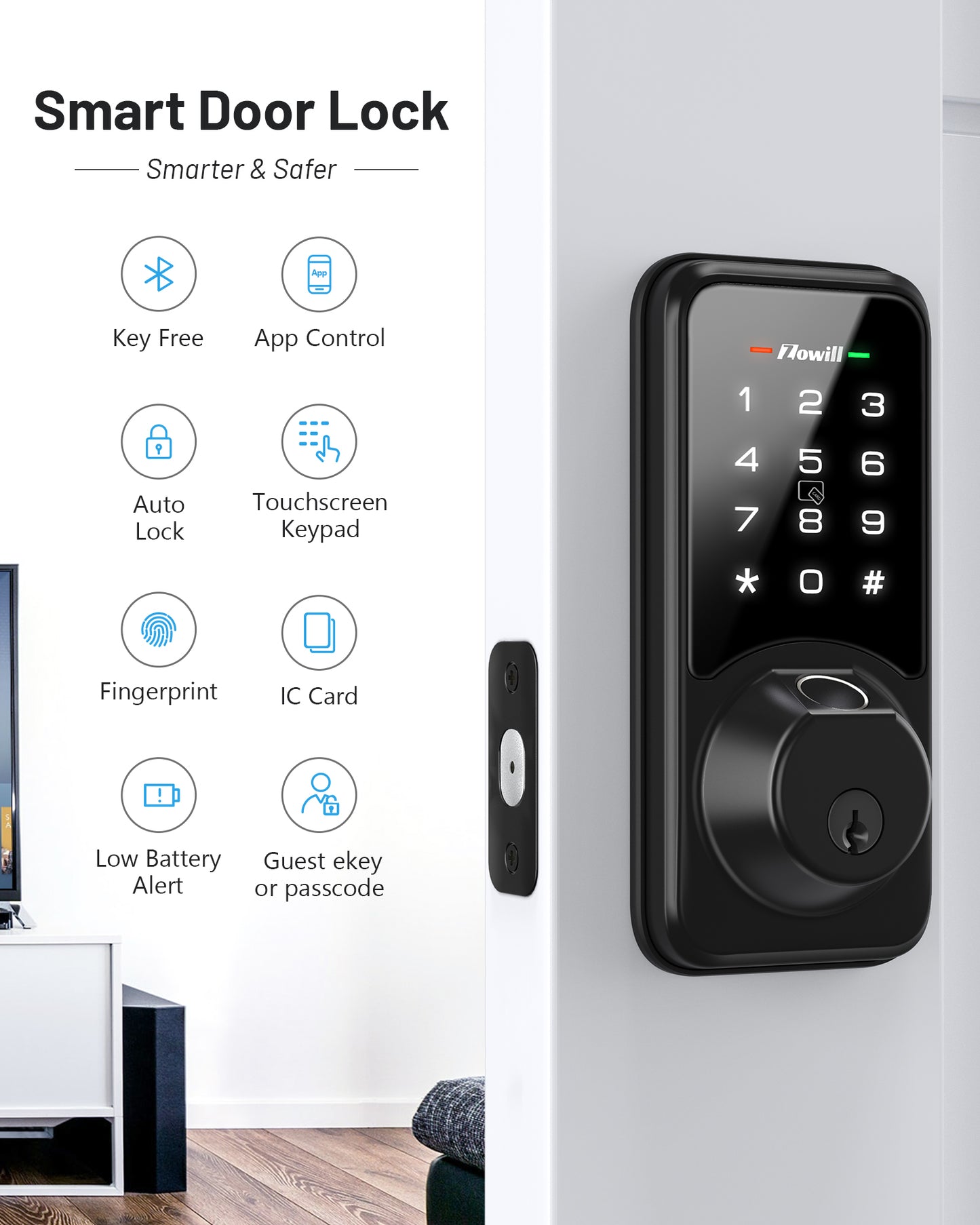 Zowill 6-in-1 Smart Door Lock for Front Door, Fingerprint Door Lock DK07